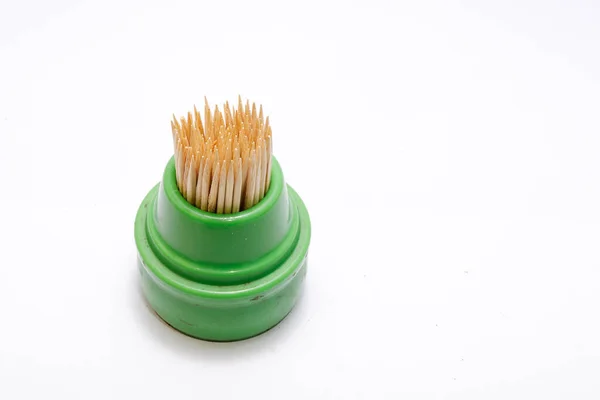 Toothpicks Green Plastic Case Isolated White Background — Stock Photo, Image