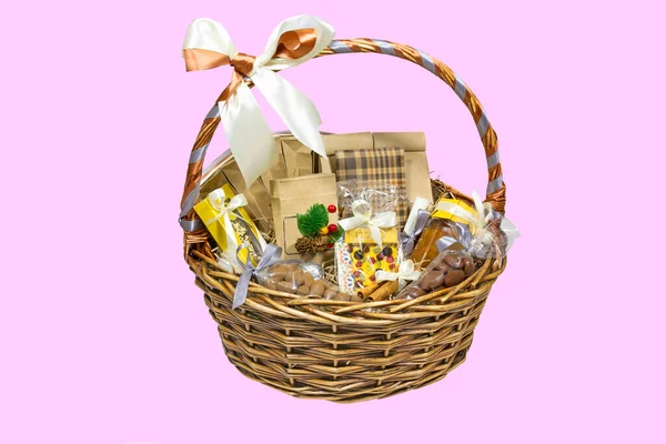 Big Basket Products Basket Gift Food Delivery Isolated Pink Background Stockfoto