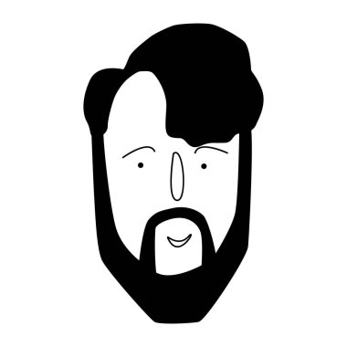 Havalı bir saç kesimi, kâkülleri, sakalı ve bıyığı olan sakallı bir adam. Berber dükkanı logosu için, erkekler moda ikonu, beyefendi tımar reklamı, Babalar Günü tebrik kartı, poster, poster. Vektör