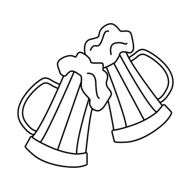 Köpüklü tahta bira bardakları. Karalama tarzında vektör illüstrasyonu. Poster, kart, menü, amblem, rozet, bira günü için tasarım elemanı. Ekim Festivali