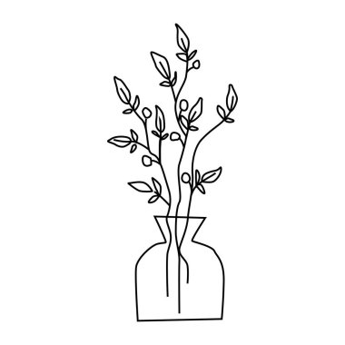 Bitkilerle dolu güzel cam vazo. Kartpostallar, not defterleri, çıkartmalar ve tasarım için biçimlendirilmiş vektör çizimi. Bir taslak tarafından elle çizilmiş Doodle biçimi.
