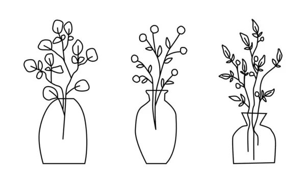 Conjunto Floreros Estilizados Con Flores Ilustración Vectorial Simple Para Postales — Vector de stock