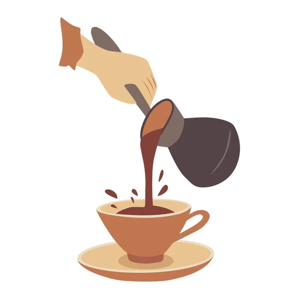 Egy Kéz Kávét Önt Egy Törökből Egy Pohárba Tele Fröccsenéssel — Stock Vector