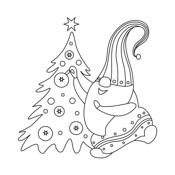 Enano Decora Árbol Navidad Gnomo Navidad Con Barba Sostiene Gran — Vector de stock