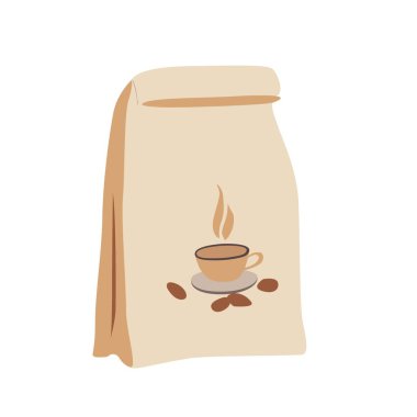 Vektör çizimi. Kapalı kağıt kahve torbası. Menü dekorasyonu, panolar, vitrinler, mağaza, kartpostallar, posterler, duvar kağıtları.