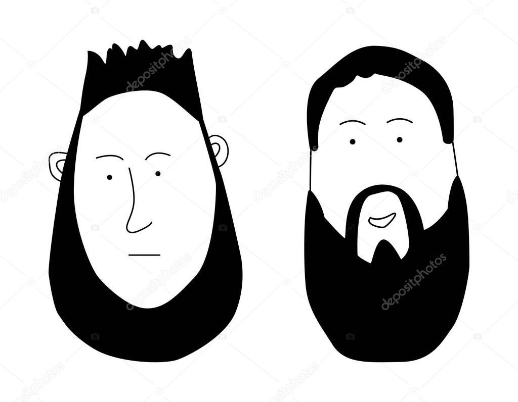 Men with beards and hairstyles. Hipster. Set of barber shop icons and haircut and mens fashion logo. Vector illustration.