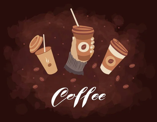 Papieren Kopjes Koffie Met Belettering Een Bruine Textuur Achtergrond Banner — Stockvector