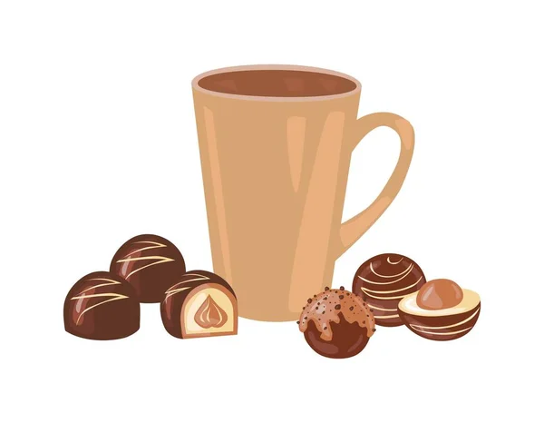 Słodycze Czekoladowe Filiżanką Herbaty Lub Kawy — Wektor stockowy