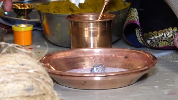 Pooja Aus Milch Und Betelnuss Bei Hochzeitszeremonie Indischen Religionen — Stockvideo