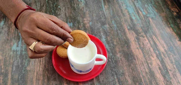 Biscoitos Bebida Leite Manhã Lanches Alimentos — Fotografia de Stock