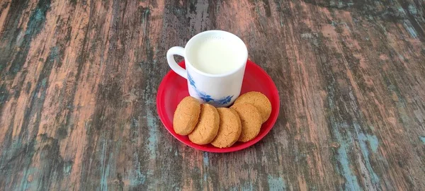 Biscotti Bere Latte Mattina Snack Cibo — Foto Stock