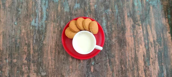 Biscoitos Bebida Leite Manhã Lanches Alimentos — Fotografia de Stock
