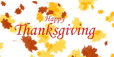 Happy Thanksgiving 3d text with colorful leaves over white background