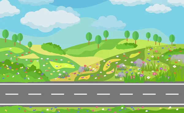 Camino recto de asfalto a través del campo con hermosos campos de flores. — Vector de stock