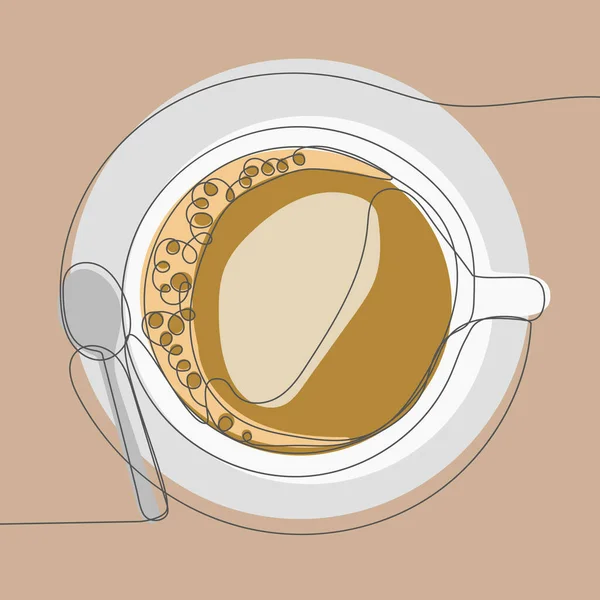 Disegno Continuo Una Linea Tazza Caffè Con Piatto Cucchiaio — Vettoriale Stock