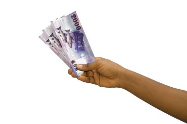 3D el ele tutuşarak beyaz arka planda izole edilmiş 2000 Tayvan doları elde edildi.