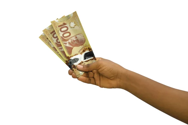 Mão Justa Segurando Notas Dólar Canadense Renderizadas Isoladas Fundo Branco — Fotografia de Stock