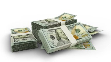 Beyaz arkaplana izole edilmiş 3 boyutlu Amerikan doları yığını