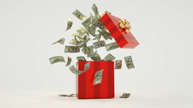 Açılmış kırmızı bir hediye kutusundan bir sürü Amerikan dolarının 3 boyutlu yorumlanması