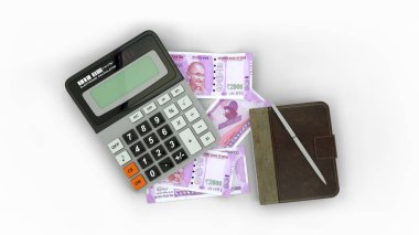 2000 Hint Rupi 'si, bir hesap makinesi, bir defter ve bir kalem içeren 3 boyutlu bir kompozisyon.