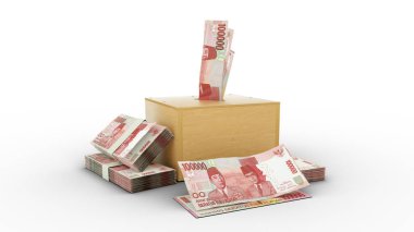 Endonezya rupia notlarının ahşap tasarruf kutusuna 3D yorumlanması