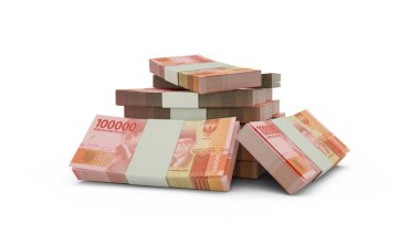 Endonezya rupia notlarının 3D kopyası. Beyaz arkaplana izole edilmiş Endonezya para birimi notları