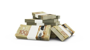 Bir yığın Kanada dolarının 3D kopyası. Beyaz arkaplanda izole edilmiş Kanada para birimi notları