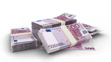 Beyaz arkaplanda 3 boyutlu 500 Euro 'luk banknot yığını var. Avrupa para birimi