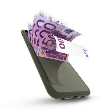 Beyaz arka planda izole edilmiş akıllı bir cep telefonunun içinde 500 avroluk banknotların 3D görüntülenmesi.