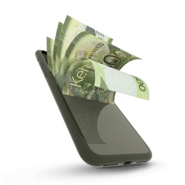 Beyaz arkaplanda izole edilmiş bir cep telefonunda 500 Kenya şilininin 3 boyutlu yorumlanması
