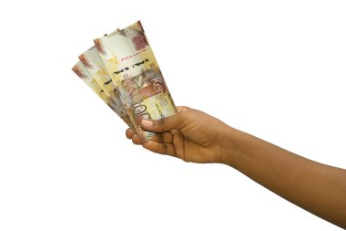 Beyaz arkaplandaki Kenya şilinlik banknotlar üç boyutlu olarak gösterildi.