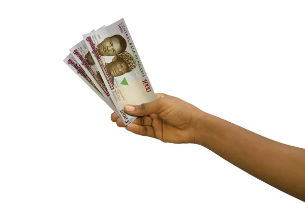 Mão Justa Segurando Renderizado Nigeriano Naira Notas Isoladas Fundo Branco — Fotografia de Stock