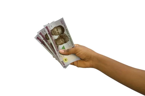 Fair Hand Holding Renderizado Notas Nigerianas Naira Aisladas Sobre Fondo — Foto de Stock