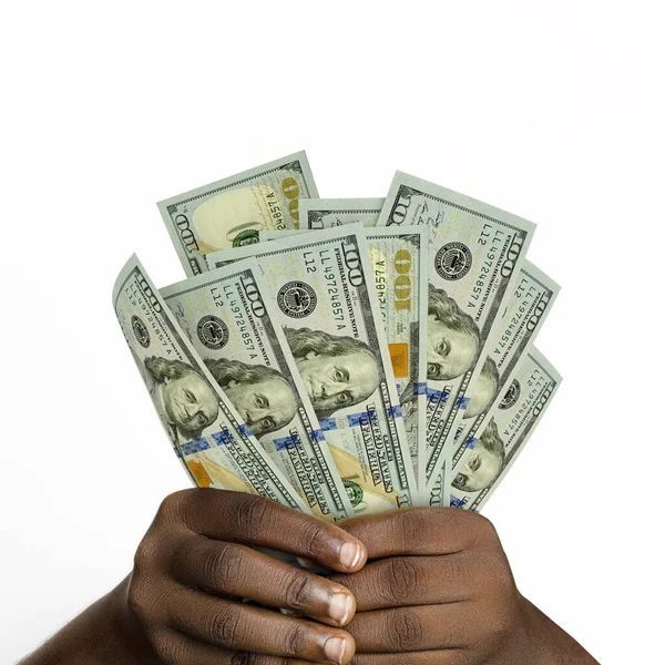 Black Hands Holding Rendered 100 Dollar Notes Closeup Hands Holding — Stock Photo, Image