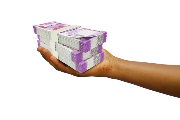 Hand Holding Rendering Von Stapeln Indischer Rupien Noten Isoliert Auf — Stockfoto