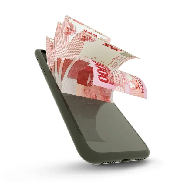 Рендеринг Індонезійських Рупій Примітки Всередині Мобільного Телефону Ізольованого Білому Тлі — стокове фото