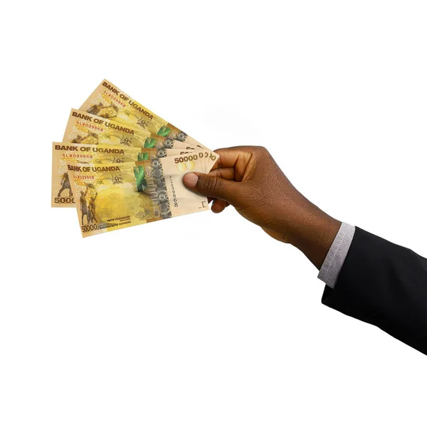 Zwarte Hand Met Pak Met Gesmolten Oegandese Shilling Noten Geïsoleerd — Stockfoto