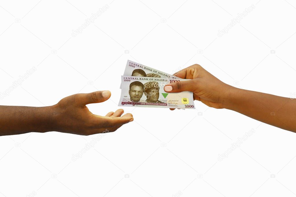 Hand giving 3D rendered Nigerian Naira notes to another hand. Hand receiving money
