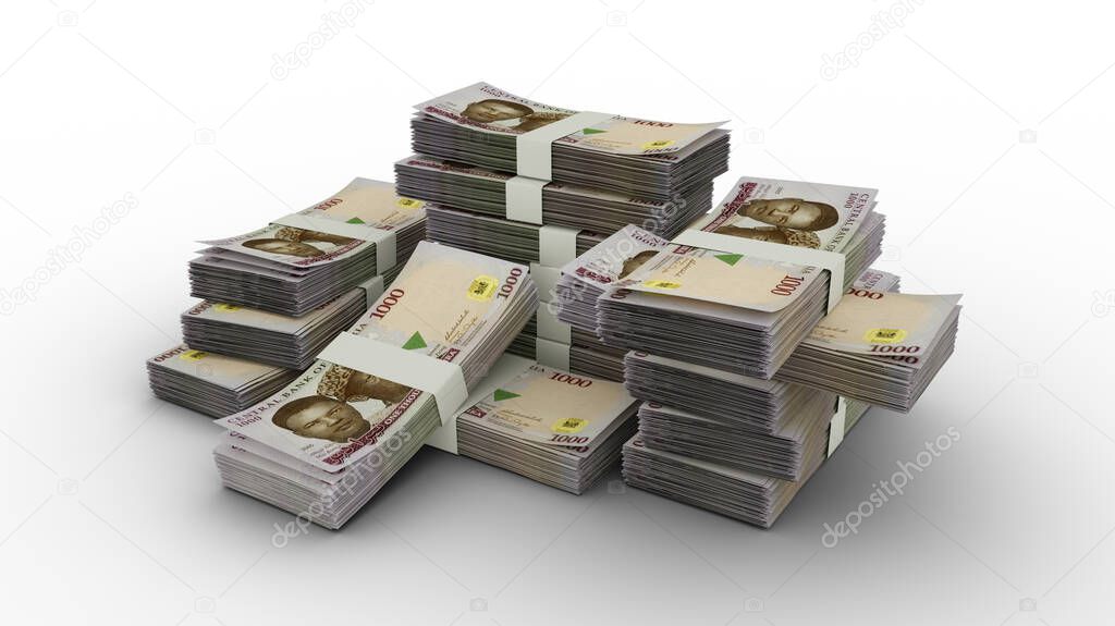 Stack of 1000 Nigerian Naira notes. 3D rendering of bundles of banknotes
