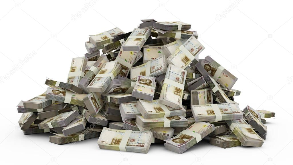 Big pile of Nigerian naira notes a lot of money over white background. 3d rendering of bundles of cash