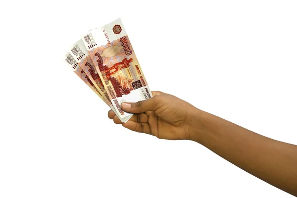 Fair Hand Holding Kiolvasztott 5000 Orosz Rubeles Bankjegyek Elszigetelt Fehér — Stock Fotó