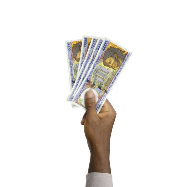Black Hand holding 3D rendered Central African CFA franc notes isolated on white background