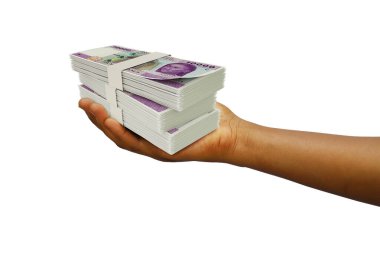 Hand Holding 3D rendered stack of Central African CFA franc notes isolated on white background