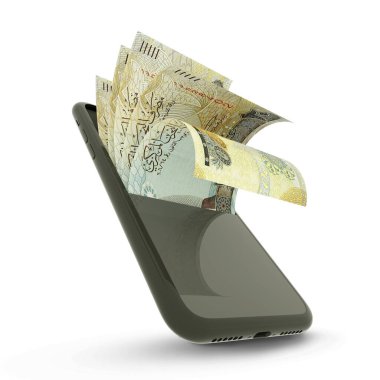 Beyaz arkaplanda izole edilmiş bir cep telefonunun içinde Bahreyn dinar notlarının 3D görüntülenmesi