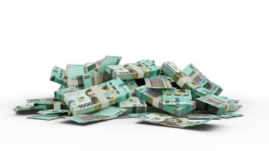 3D Rendering of Stack of 1000 Ukrainian hryvnia notes isolated on white background. Bundles of Hryvnia notes