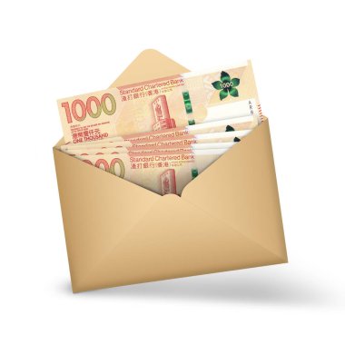 Açık kahverengi bir zarfın içinde 1000 Hong Kong doları var. Açık bir zarfta üç boyutlu para illüstrasyonu