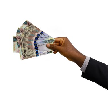 Beyaz arka planda izole edilmiş, 3 boyutlu takım elbiseli siyah elli Botswanan pula notaları.