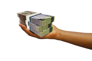 El ele tutuşan 3D oluşturulan Botswanan Pula notları beyaz arkaplanda izole edildi