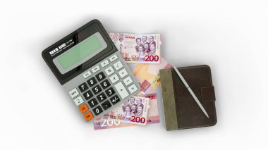Ghanaian cedi notlarının izole edilmiş bir bileşiminin 3 boyutlu görüntülenmesi, bir hesap makinesi, bir defter ve bir kalem.