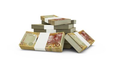 Lesothan loti banknotlarının 3D kopyası. Lesotho para birimi notları beyaz arkaplan üzerinde izole